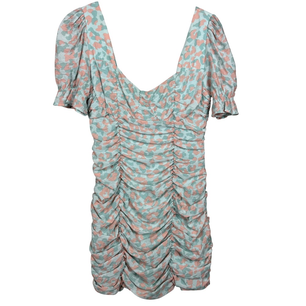 Runaway The Label Ruched Mini Dress Puff Sleeve Sweetheart Leopard Print US 6